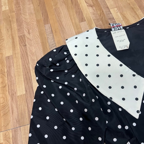 Vintage 80s Jazz Kids Black & White Polka Dot Dress Peplum Bow Puff Sleeve Size - Picture 4 of 12